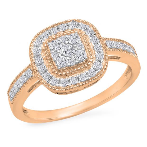 0.45 Carat (ctw) 10K Rose Gold Round Cut White Diamond Ladies Cluster Style Milgrain Bridals Engagement Ring 1/2