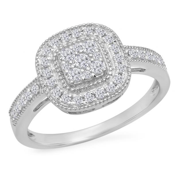 0.45 Carat (ctw) 10K White Gold Round Cut White Diamond Ladies Cluster Style Milgrain Bridals Engagement Ring 1/2