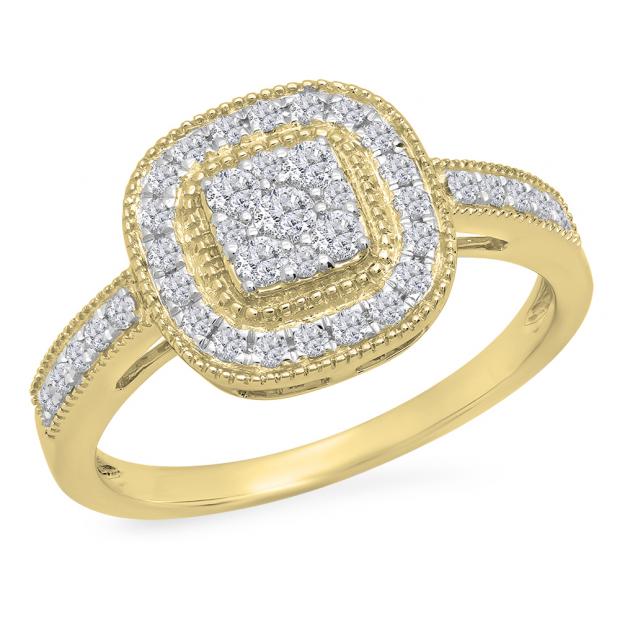 0.45 Carat (ctw) 10K Yellow Gold Round Cut White Diamond Ladies Cluster Style Milgrain Bridals Engagement Ring 1/2
