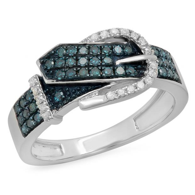 0.40 Carat (ctw) Sterling Silver Round Blue & White Diamond Ladies Fashion Cocktail Right Hand Band