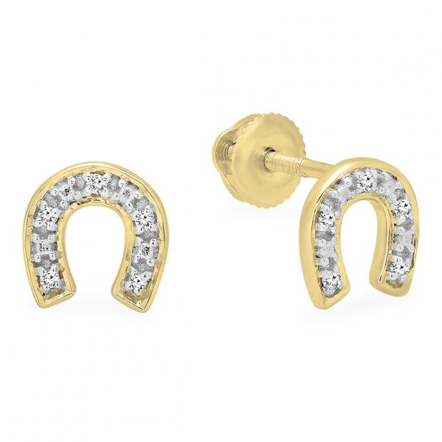 0.06 Carat (ctw) 10K Yellow Gold Round White Diamond Ladies Horse Shoe Earrings