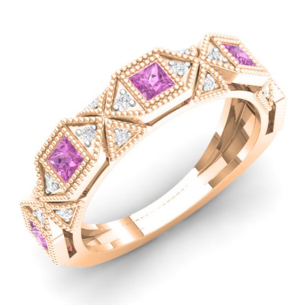 0.75 Carat (ctw) 14K Rose Gold Princess Pink Sapphire & Round White Diamond Ladies Vintage Style Milgrain Stackable Wedding Band 3/4 CT
