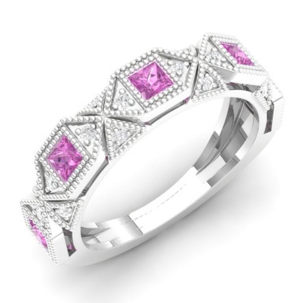 0.75 Carat (ctw) 14K White Gold Princess Pink Sapphire & Round White Diamond Ladies Vintage Style Milgrain Stackable Wedding Band 3/4 CT