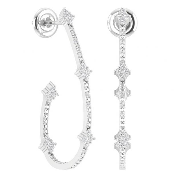 0.55 Carat (ctw) Sterling Silver White Diamond Ladies J Shape Hoop Earrings 1/2 CT