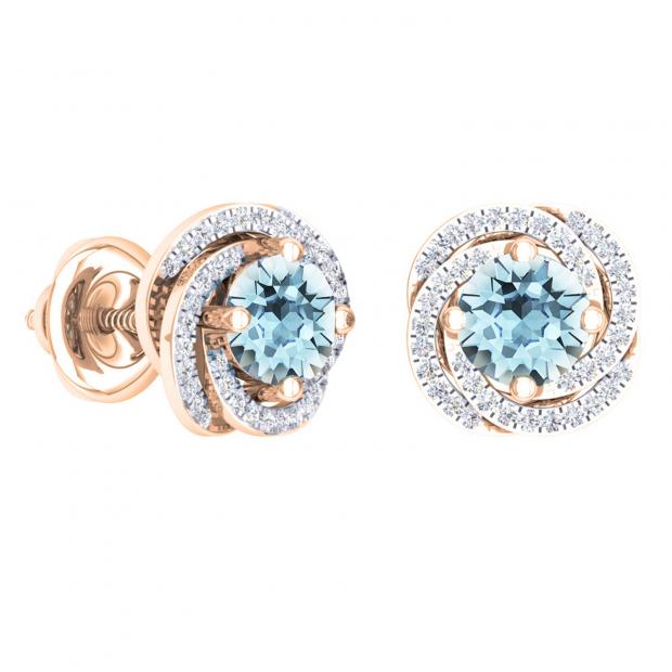 2.25 Carat (ctw) 10K Rose Gold Round Cut Aquamarine & White Diamond Ladies Halo Style Stud Earrings