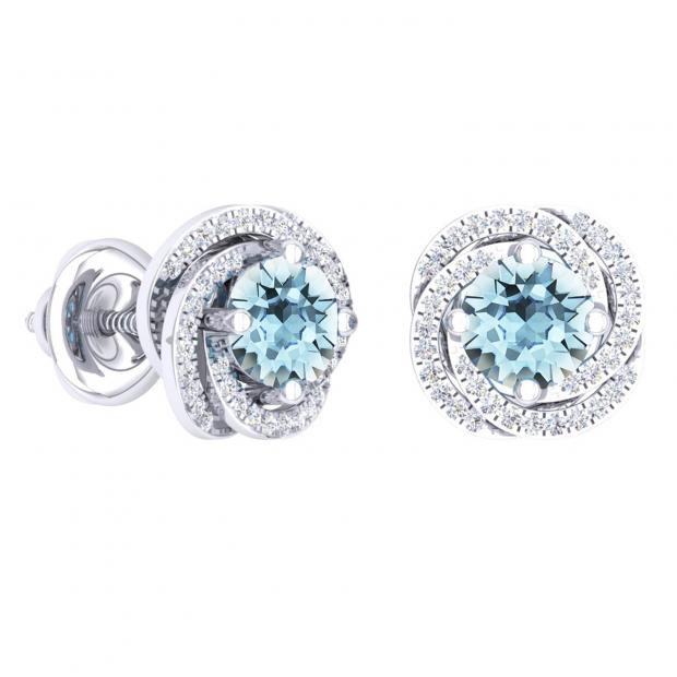 2.25 Carat (ctw) 18K White Gold Round Cut Aquamarine & White Diamond Ladies Halo Style Stud Earrings