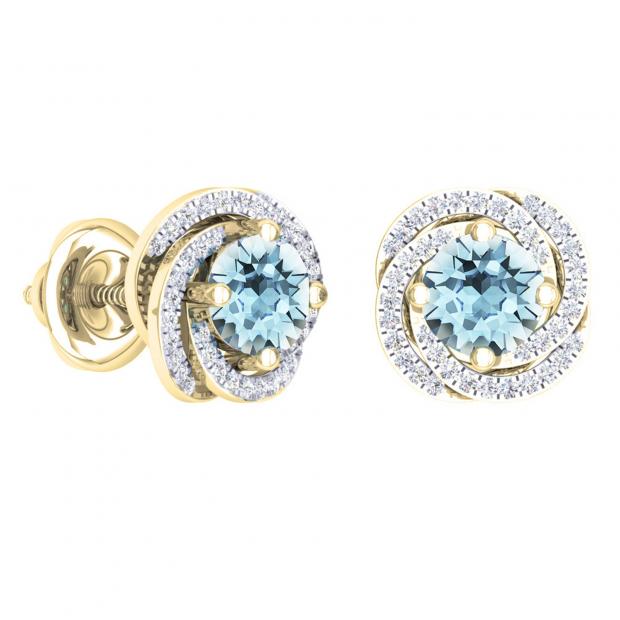 2.25 Carat (ctw) 18K Yellow Gold Round Cut Aquamarine & White Diamond Ladies Halo Style Stud Earrings