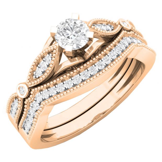 0.50 Carat (ctw) 10K Rose Gold Round White Diamond Ladies Milgrain Bridal Engagement Ring With Matching Band Set 1/2 CT