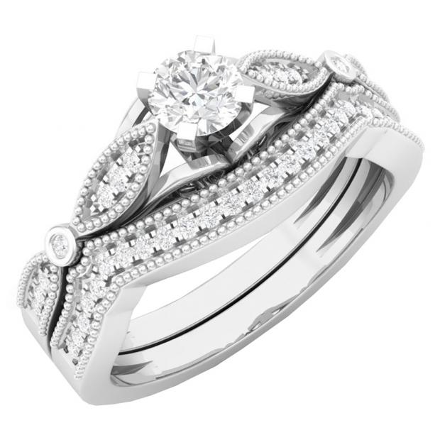0.50 Carat (ctw) 10K White Gold Round White Diamond Ladies Milgrain Bridal Engagement Ring With Matching Band Set 1/2 CT