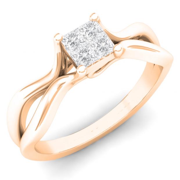 0.25 Carat (ctw) 10K Rose Gold Princess Cut White Diamond Ladies Bridal Promise Ring 1/2 CT