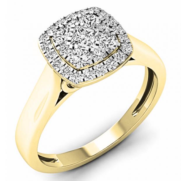 0.50 Carat (ctw) 14K Yellow Gold Princess & Round Cut White Diamond Ladies Cluster Style Engagement Ring 1/2 CT
