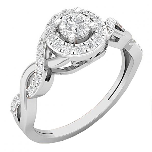 0.50 Carat (ctw) 10K White Gold Round Diamond Ladies Swirl Split Shank Bridal Halo Engagement Ring 1/2 CT