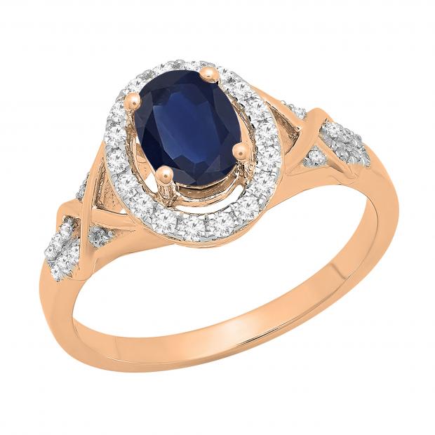 7x5mm Oval Blue Sapphire & Round White Diamond Split Shank Halo Engagement Ring for Women (0.25 ctw, Color I-J, Clarity I2-I3) 10K Rose Gold