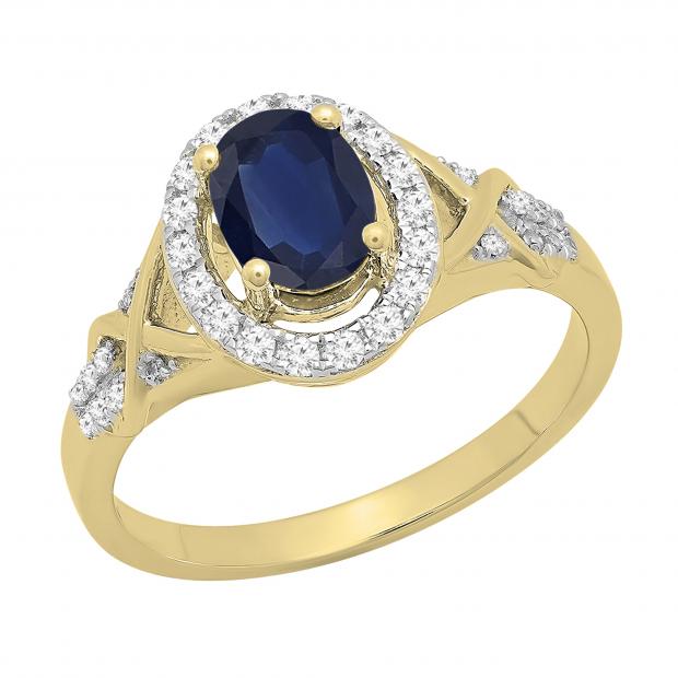 7x5mm Oval Blue Sapphire & Round White Diamond Split Shank Halo Engagement Ring for Women (0.25 ctw, Color I-J, Clarity I2-I3) 10K Yellow Gold