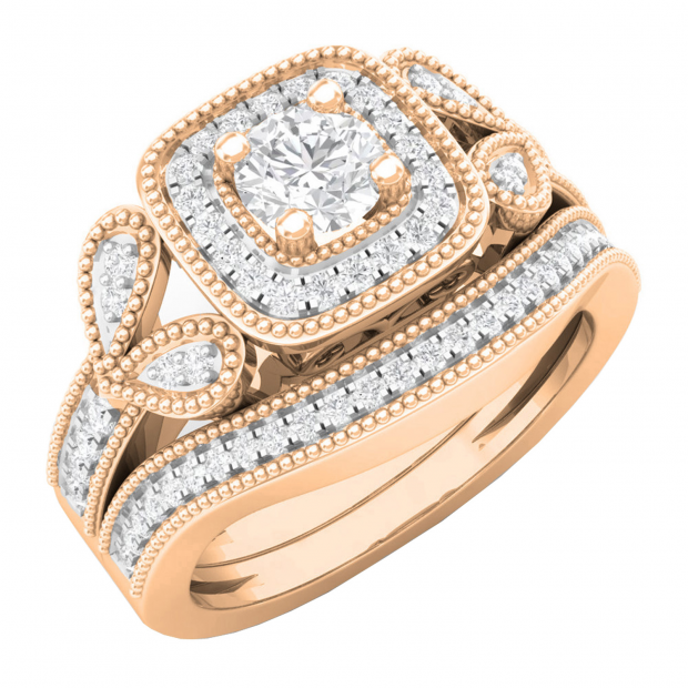 0.80 Carat (ctw) 10K Rose Gold Round Cut Diamond Ladies Bridal Vintage Style Halo Engagement Ring With Matching Band Set 3/4 CT