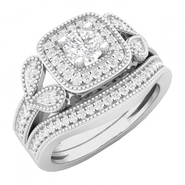 0.80 Carat (ctw) 14K White Gold Round Cut Diamond Ladies Bridal Vintage Style Halo Engagement Ring With Matching Band Set 3/4 CT