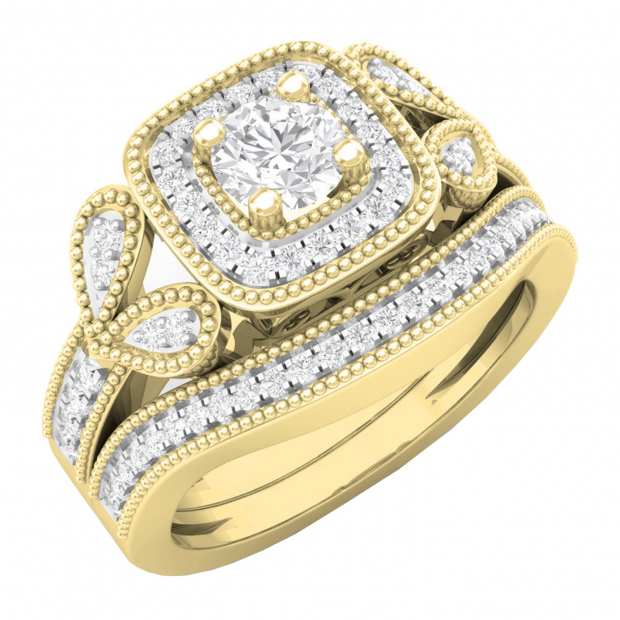 0.80 Carat (ctw) 18K Yellow Gold Round Cut Diamond Ladies Bridal Vintage Style Halo Engagement Ring With Matching Band Set 3/4 CT