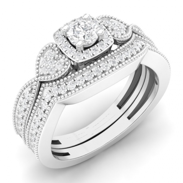 0.70 Carat (ctw) 10K White Gold Round Cut Diamond Ladies Bridal Vintage Style Halo Engagement Ring With Matching Band Set 3/4 CT