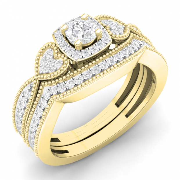 0.70 Carat (ctw) 14K Yellow Gold Round Cut Diamond Ladies Bridal Vintage Style Halo Engagement Ring With Matching Band Set 3/4 CT