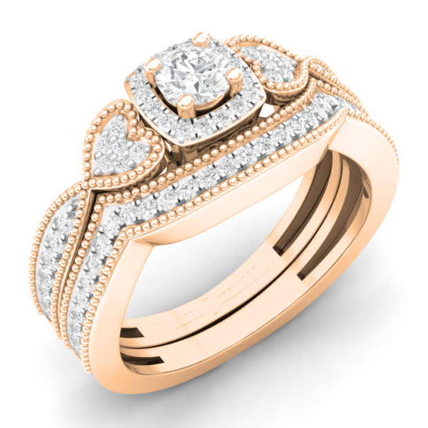 0.70 Carat (ctw) 18K Rose Gold Round Cut Diamond Ladies Bridal Vintage Style Halo Engagement Ring With Matching Band Set 3/4 CT