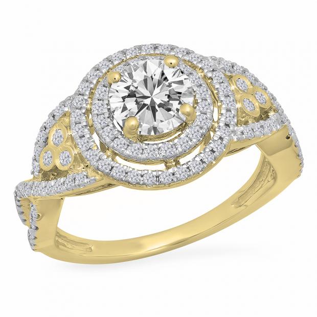 1.30 Carat (ctw) 10K Yellow Gold Round Cut Moissanite & White Diamond Ladies Swirl Bridal Halo Engagement Ring