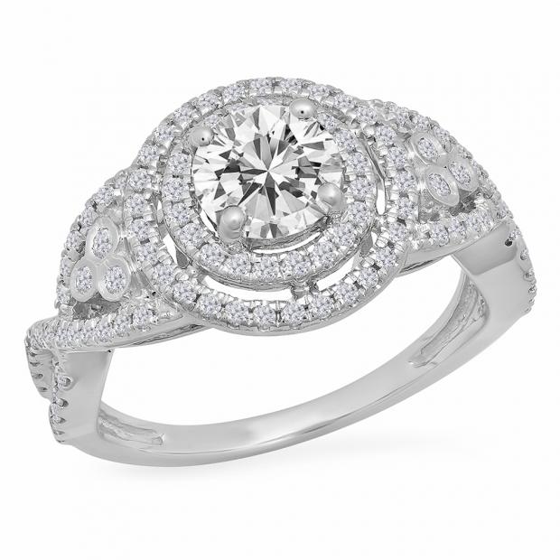 1.30 Carat (ctw) 14K White Gold Round Cut Moissanite & White Diamond Ladies Swirl Bridal Halo Engagement Ring