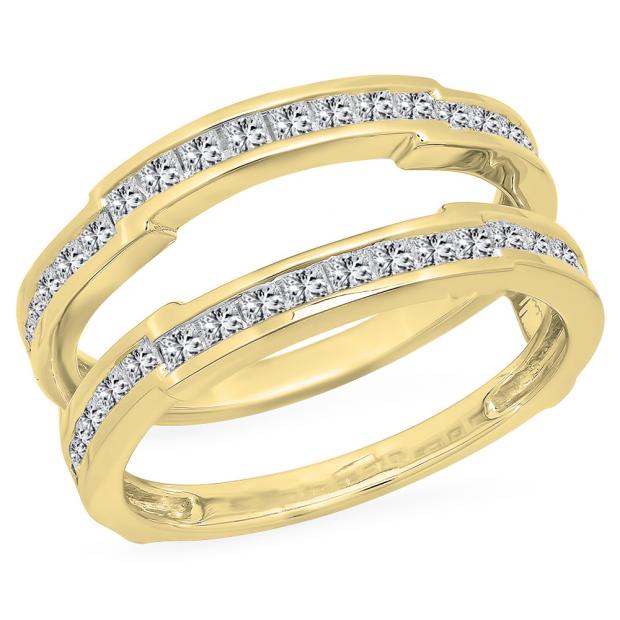 1.15 Carat (ctw) 10K Yellow Gold Princess Cut White Diamond Ladies Anniversary Wedding Band Enhancer Guard Double Ring 1 1/4 CT
