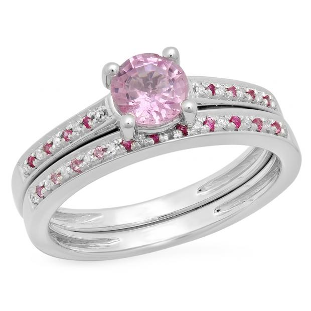 0.70 Carat (ctw) 10K White Gold Round Cut Pink Sapphire & White Diamond Ladies Bridal Solitaire With Accents Engagement Ring Matching Band Set 3/4 CT