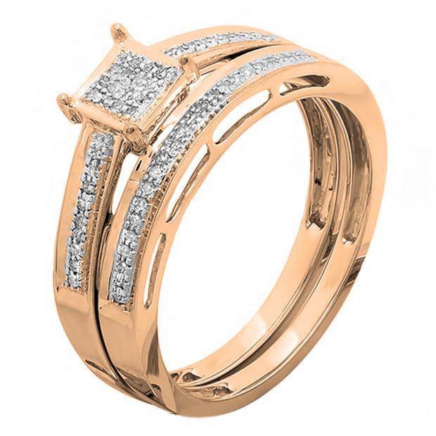 0.10 Carat (ctw) 10K Rose Gold Round Cut White Diamond Ladies Bridal Engagement Ring With Matching Wedding Band Set 1/10 CT