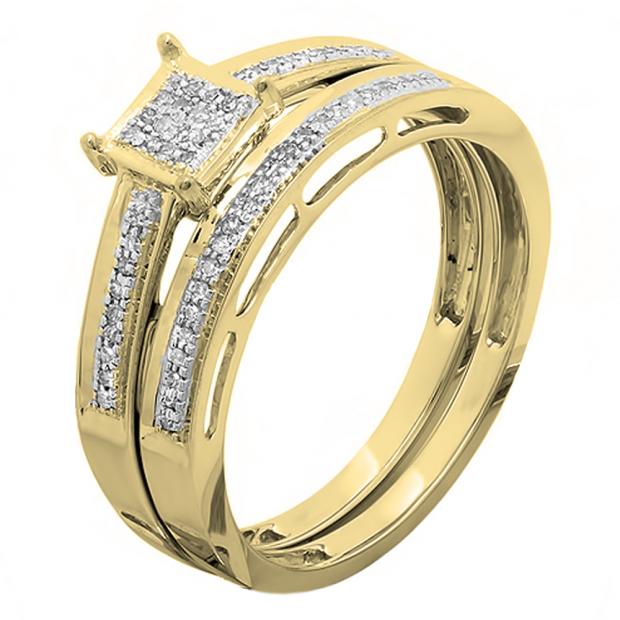 0.10 Carat (ctw) 10K Yellow Gold Round Cut White Diamond Ladies Bridal Engagement Ring With Matching Wedding Band Set 1/10 CT