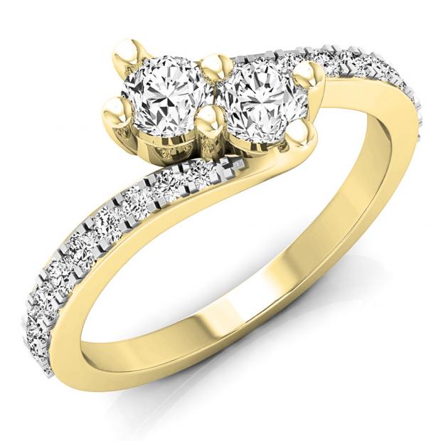 0.75 Carat (ctw) 18K Yellow Gold Round White Diamond Ladies Two Stone Bypass Style Bridal Engagement Ring 3/4 CT