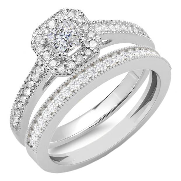 0.65 Carat (ctw) 10K White Gold Princess & Round Cut White Diamond Ladies Bridal Halo Style Engagement Ring With Matching Band Set