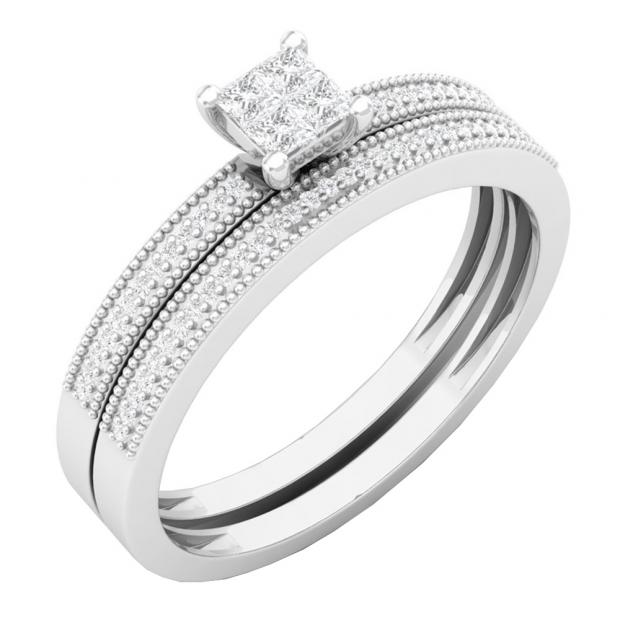 0.35 Carat (ctw) 10K White Gold Princess & Round Cut White Diamond Ladies Bridal Engagement Ring With Matching Band Set 1/3 CT