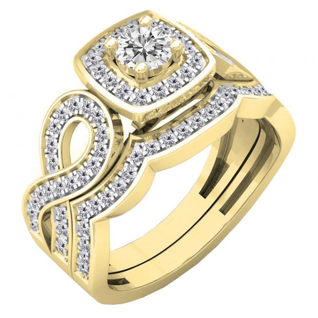 0.85 Carat (ctw) 10K Yellow Gold Round Cut White Diamond Ladies Bridal Swirl Split Shank Halo Engagement Ring With Matching Band Set