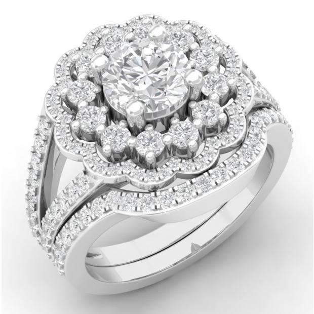 2.20 Carat (ctw) 10K White Gold Round Cut White Diamond Ladies Bridal Cluster Flower Split Shank Engagement Ring With Matching Band Set