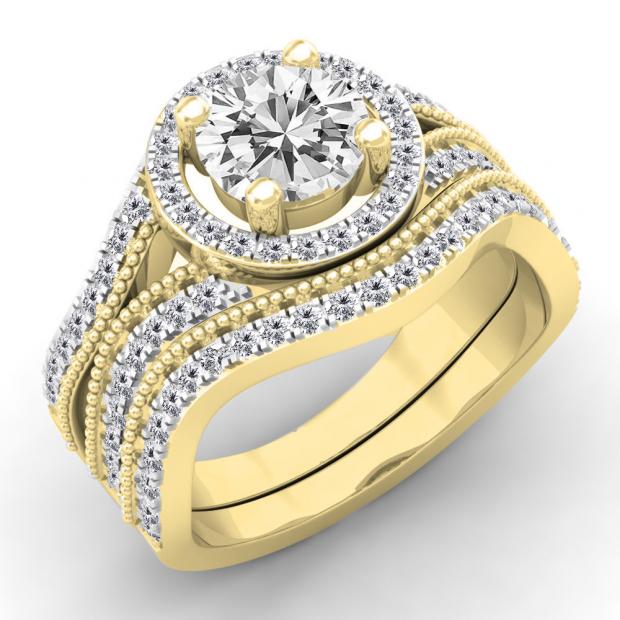 1.65 Carat (ctw) 10K Yellow Gold Round Cut White Diamond Ladies Swirl Bridal Split Shank Halo Engagement Ring With Matching Band Set