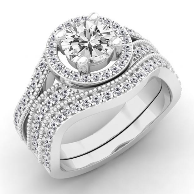 1.65 Carat (ctw) 18K White Gold Round Cut White Diamond Ladies Swirl Bridal Split Shank Halo Engagement Ring With Matching Band Set