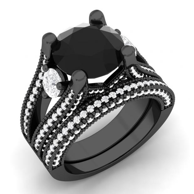 4.95 Carat (ctw) Black Rhodium Plated Sterling Silver Round White Sapphire Black & White Diamond Ladies Split Shank Bridal Engagement Ring Matching Band Set