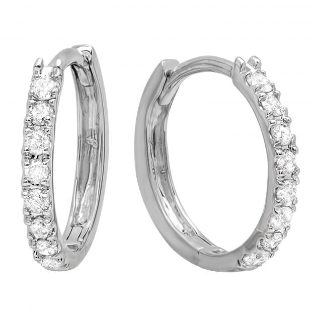 0.22 Carat (ctw) 10K White Gold Real Round Cut White Diamond Ladies Huggies Hoop Earrings 1/4 CT
