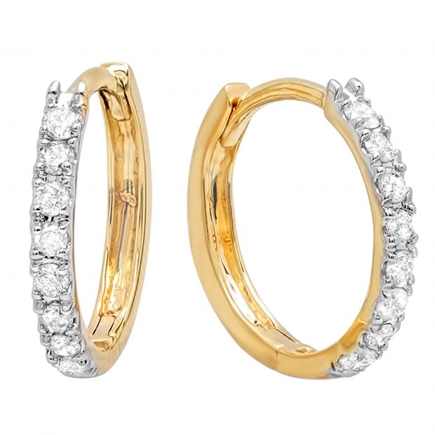 0.22 Carat (ctw) 14K Yellow Gold Real Round Cut White Diamond Ladies Huggies Hoop Earrings 1/4 CT