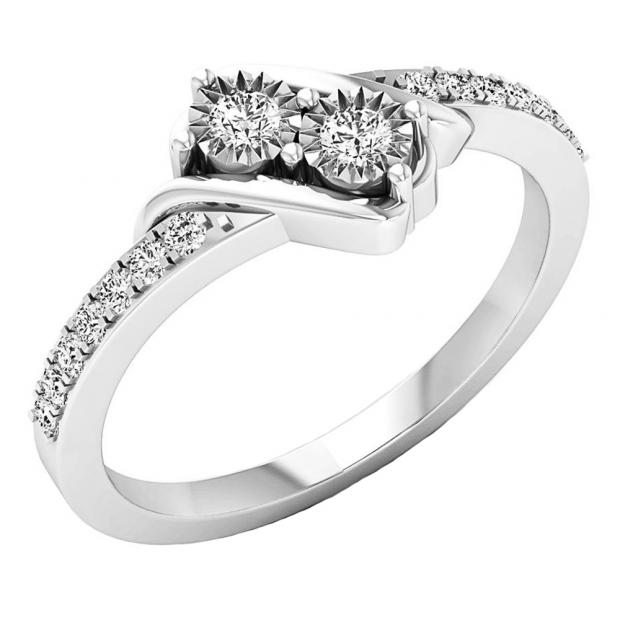 0.25 Carat (ctw) 10K White Gold Round White Diamond Ladies Two Stone Bypass Style Bridal Engagement Ring 1/4 CT
