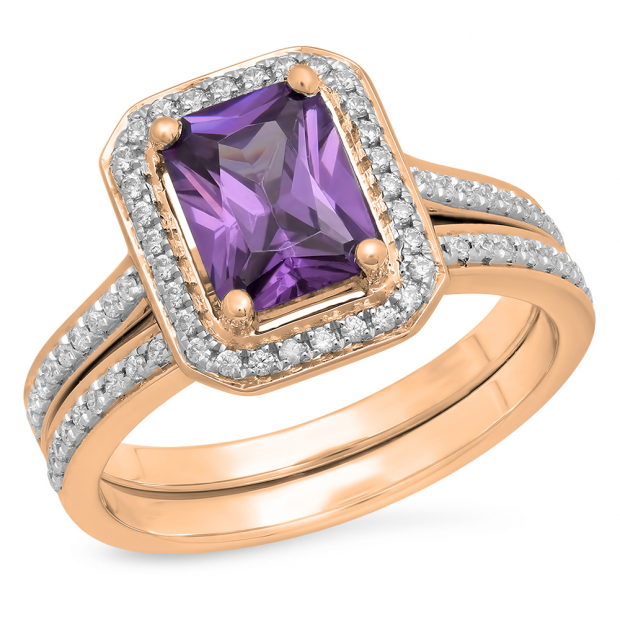 3.20 Carat (ctw) 10K Rose Gold Emerald Cut Purple & Round White Cubic Zirconia CZ Ladies Halo Style Bridal Engagement Ring Set
