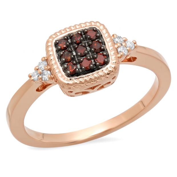 0.20 Carat (ctw) 10K Rose Gold Round Champagne & White Diamond Ladies Cluster Bridal Engagement Ring 1/5 CT