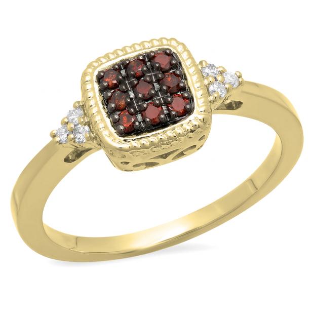 0.20 Carat (ctw) 10K Yellow Gold Round Champagne & White Diamond Ladies Cluster Bridal Engagement Ring 1/5 CT