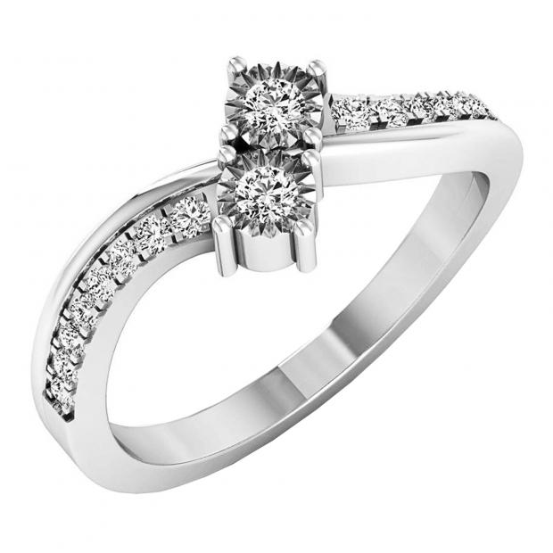 0.25 Carat (ctw) 18K White Gold Round White Diamond Ladies Two Stone Bypass Style Bridal Engagement Ring 1/4 CT
