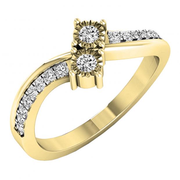 0.25 Carat (ctw) 18K Yellow Gold Round White Diamond Ladies Two Stone Bypass Style Bridal Engagement Ring 1/4 CT