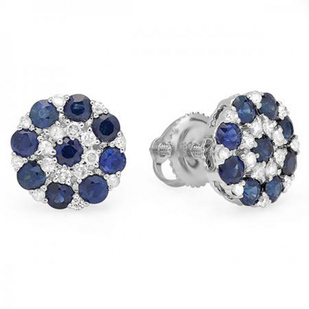 1.45 Carat (ctw) 10K White Gold Round White Diamond & Blue Sapphire Ladies Flower Shaped Cluster Earrings 1 1/2 CT