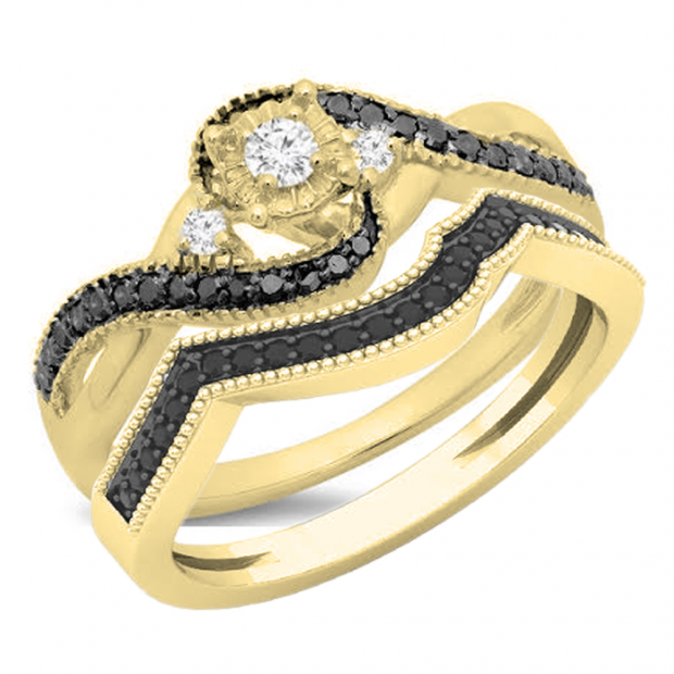 0.45 Carat (ctw) 10K Yellow Gold Round Black & White Diamond Ladies Bridal Twisted Swirl 3 Stone Engagement Ring Set 1/2 CT