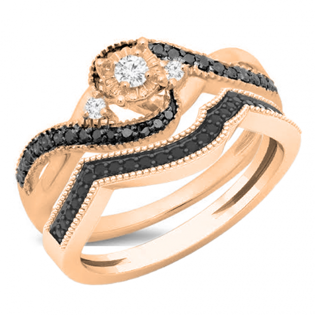 0.45 Carat (ctw) 14K Rose Gold Round Black & White Diamond Ladies Bridal Twisted Swirl 3 Stone Engagement Ring Set 1/2 CT