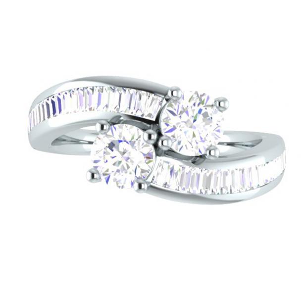 1.00 Carat (ctw) 14K White Gold Round & Baguette White Diamond Ladies Two Stone Bypass Style Bridal Engagement Ring 1 CT
